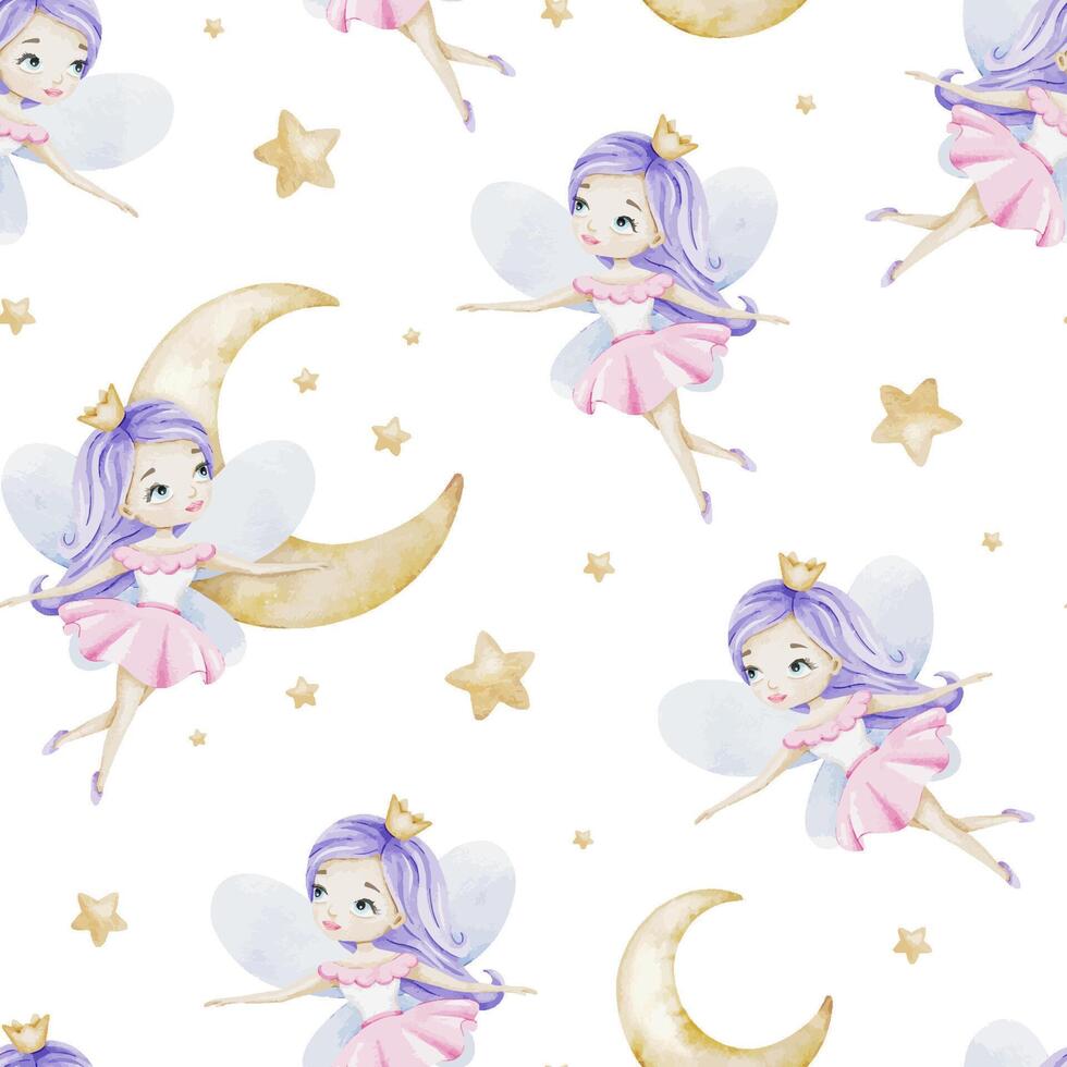 Cute Little fairies crescent moons and stars. Children's background. Watercolor baby seamless pattern for design kid's goods, postcards, baby shower and children's room vector