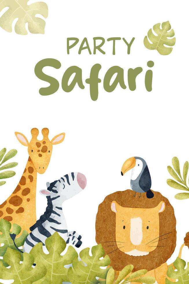 African jungles animals lion, zebra, giraffe, toucan and tropical leaves. Funny kid's isolated hand drawn watercolor illustration. Safari party. Design for baby shower, rooms, posters, cards vector