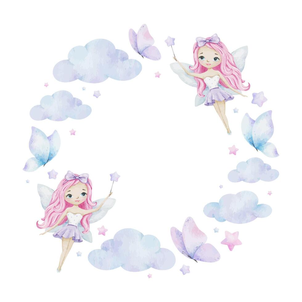 Cute little fairy with magic wand, stars, butterflies, clouds. Isolated Watercolor round frame. Children's background for kid's goods, postcards, baby shower and children's room vector