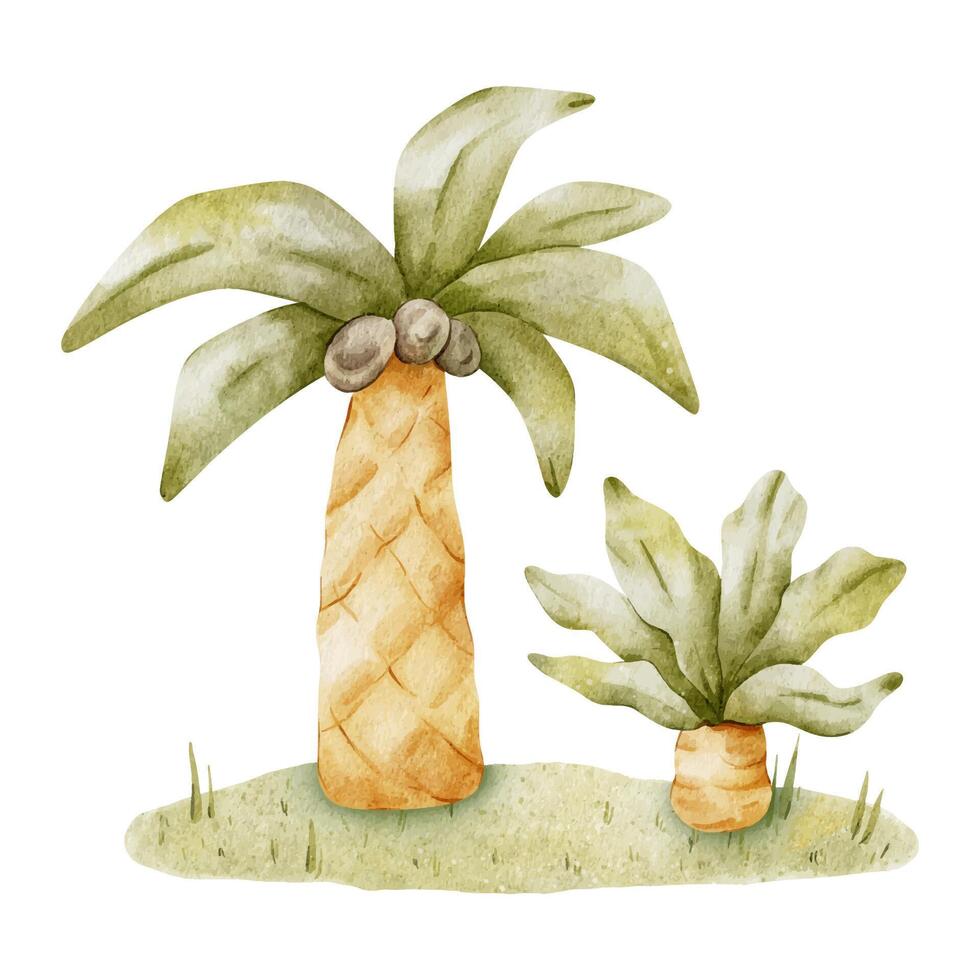 palma arboles con hojas en césped. aislado mano dibujado acuarela ilustración. un clipart de tropical arboles con Coco para para niños invitación tarjetas, fiestas, bebé ducha, decoración de niño habitaciones vector