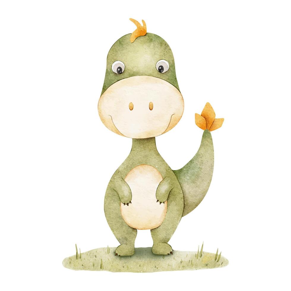 Cute green dinosaur in meadow. Isolated hand drawn watercolor illustration of dino. Clipart of tyrannosaurus rex for children's invitation cards, baby shower, decoration of kid's rooms, clothes. vector