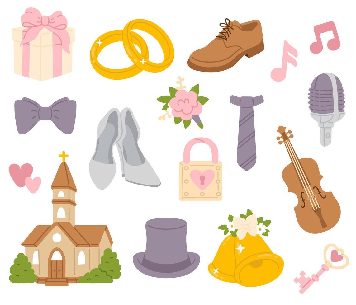 set of doodle wedding objects vector