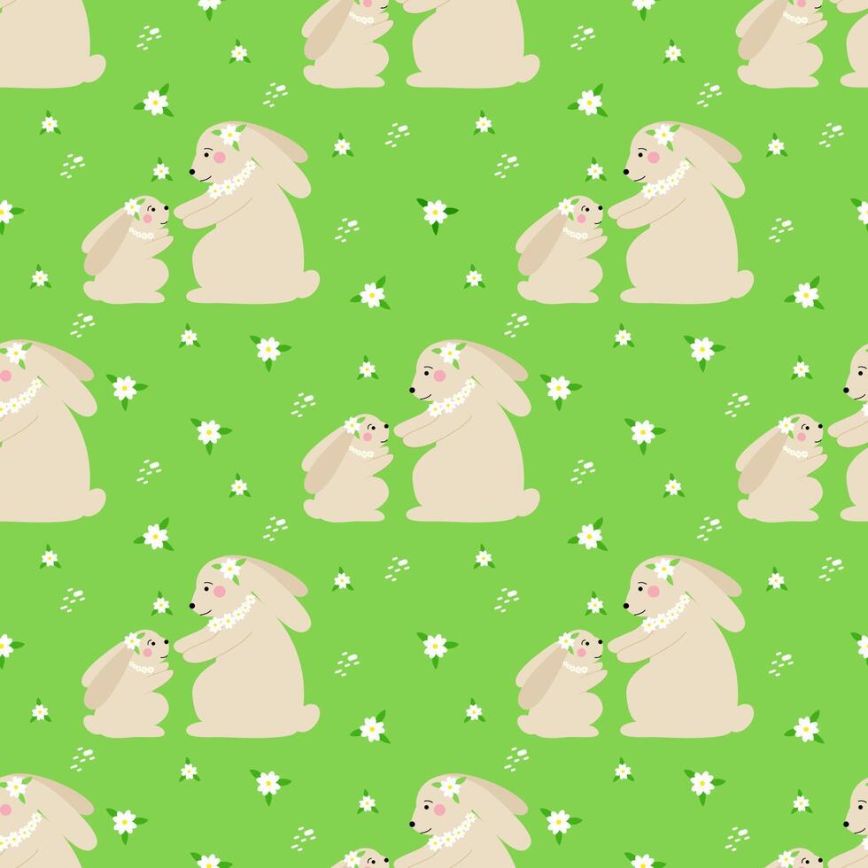 Seamless spring or summer pattern with cute rabbits and daisies. Print for children textile, pack, fabric, wallpaper, wrapping. vector
