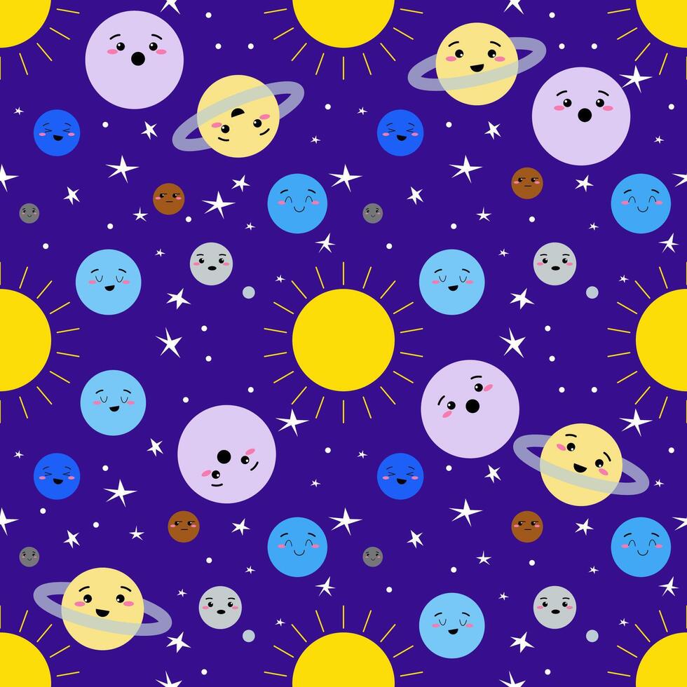 Seamless pattern, solar system with cute kids planets characters, Earth, Sun, Mercury, Venus, Mars, Jupiter, Saturn, Uranus, Neptune, Pluto. vector