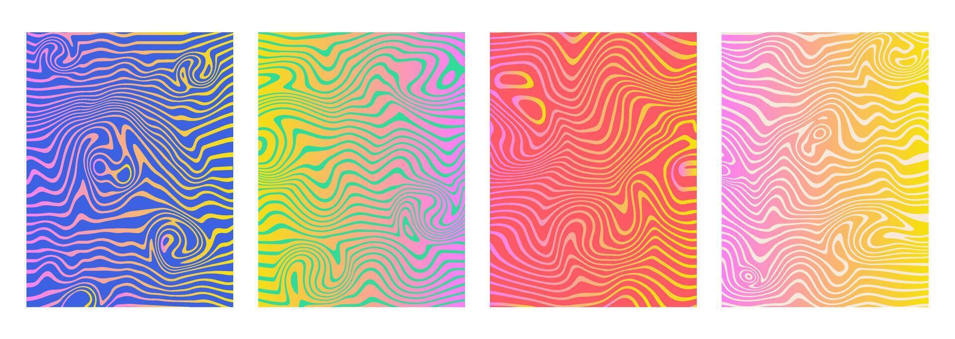 Iridescent gradient liquify backgrounds. Modern abstract marble posters. Hypnotic wavy lines. Psychedelic acrylic texture. Hippie groovy swirls, spirals. Banner, placard template. vector