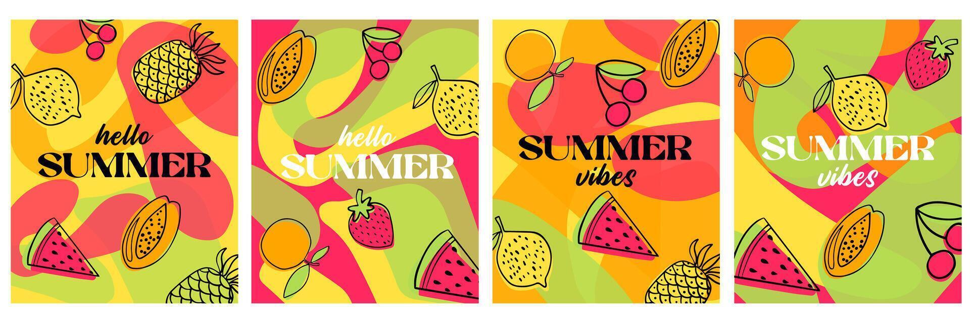 Hola verano, verano vibraciones vistoso bandera diseño. creativo concepto para un conjunto de verano brillante y jugoso tarjetas vector