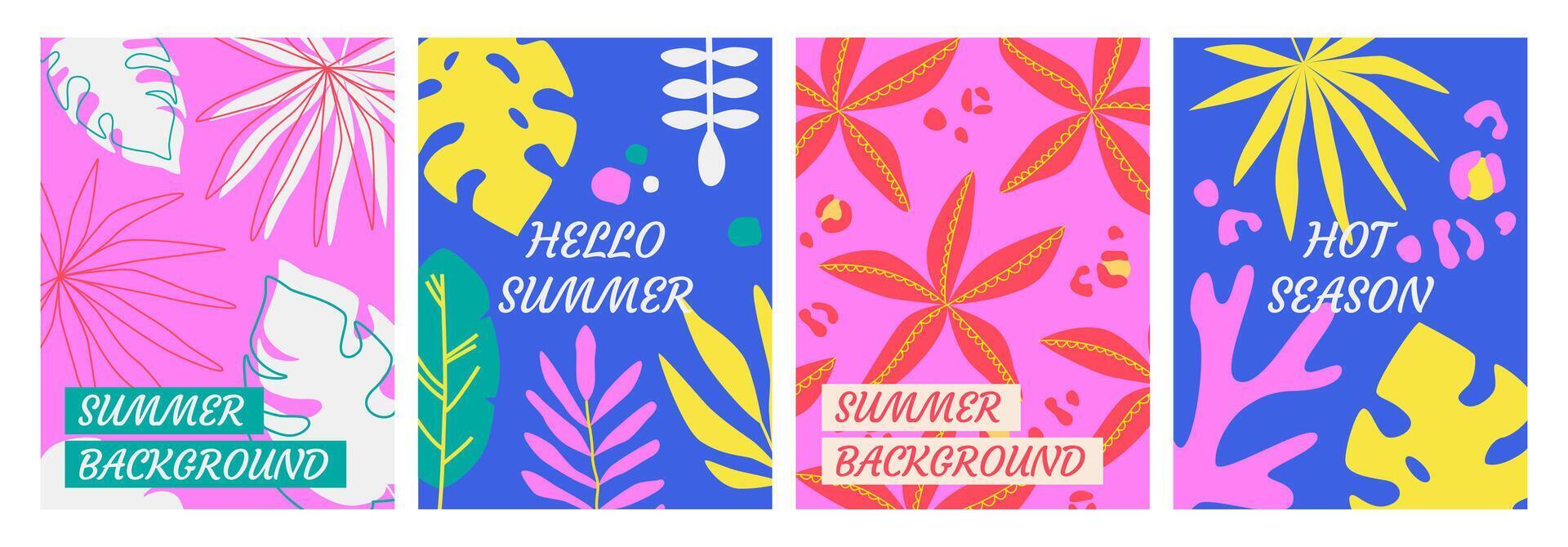 Abstract summer juicy layout set. Bright tropical leaves and modern typography. Summer overlay promo set. Modern cards, posters, covers, flyers, banners. Background template. Bold bright colors. vector