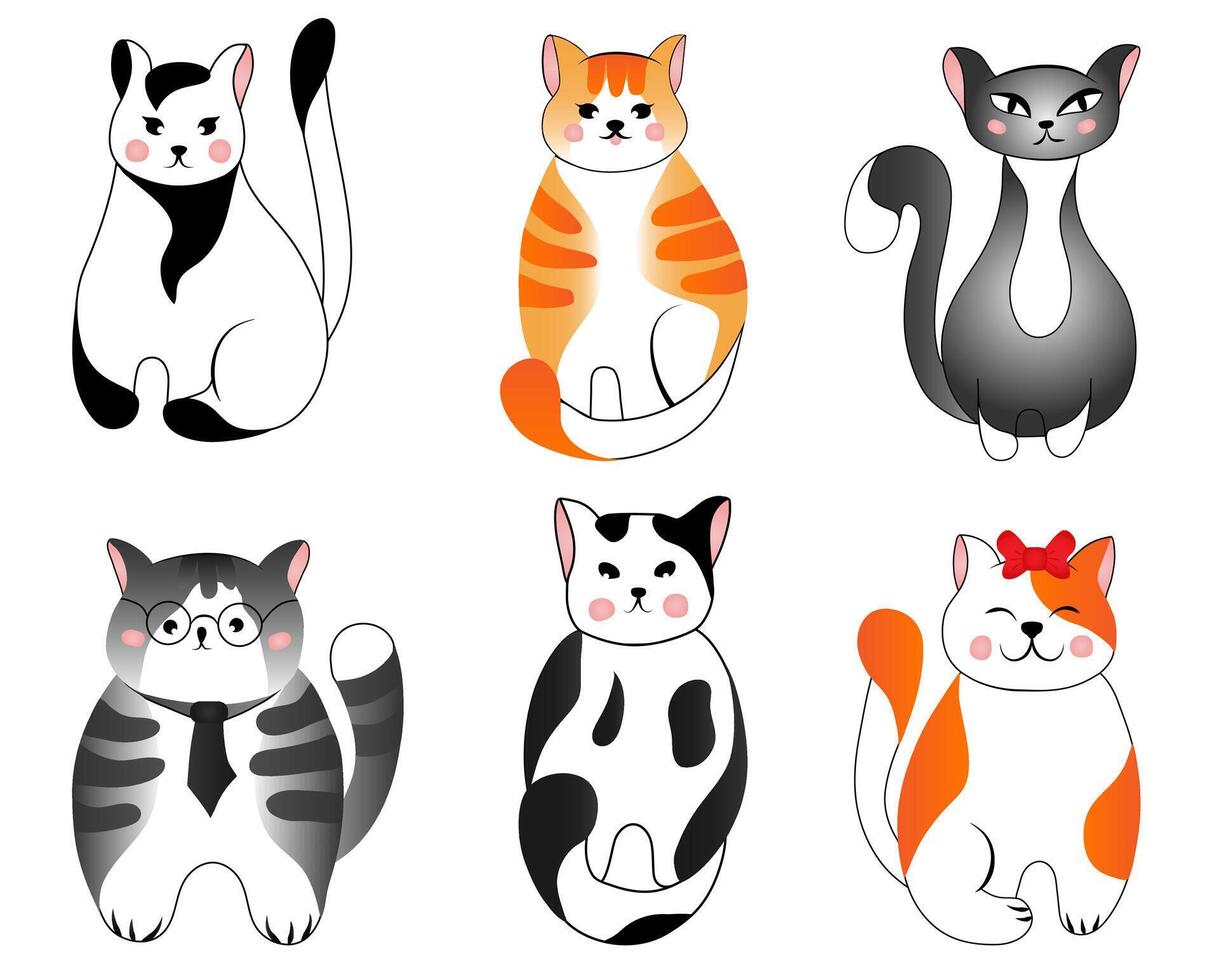 Set cute red, grey, spotted, striped cats isolated on white background. Illustration for children. vector