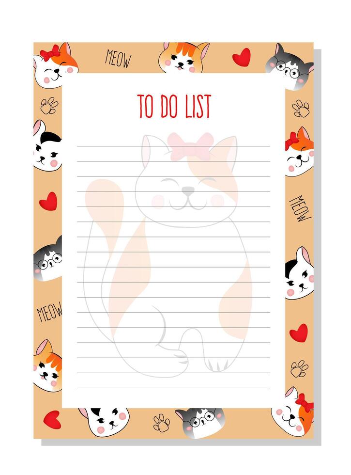 Planner, to do list with face of cats in cartoon style. vector