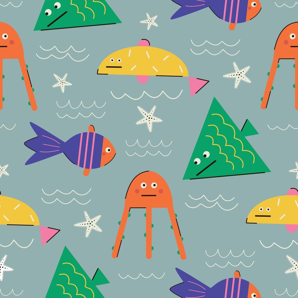 Seamless pattern with cartoon multicolored geometric fish, jellyfish, starfish and waves on a blue background vector