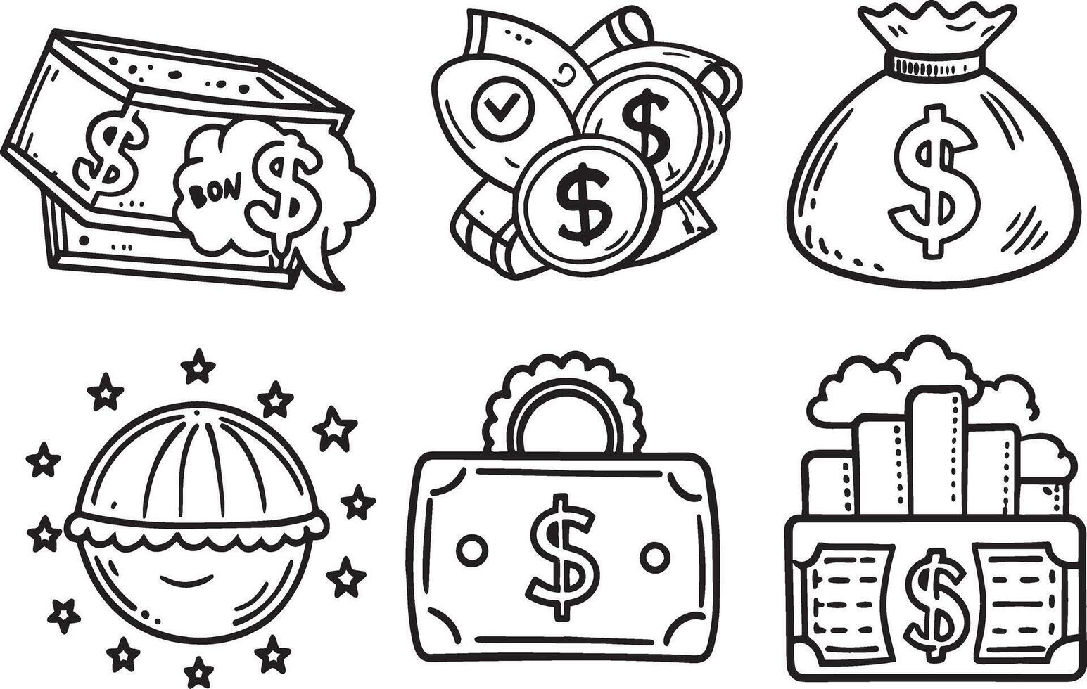 Doodle of money and finance icons on white background. illustration. vector