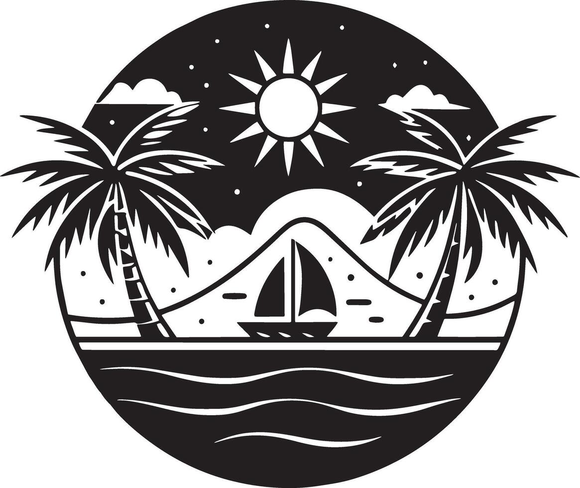 Tropical beach with palms and sailboat. illustration. vector