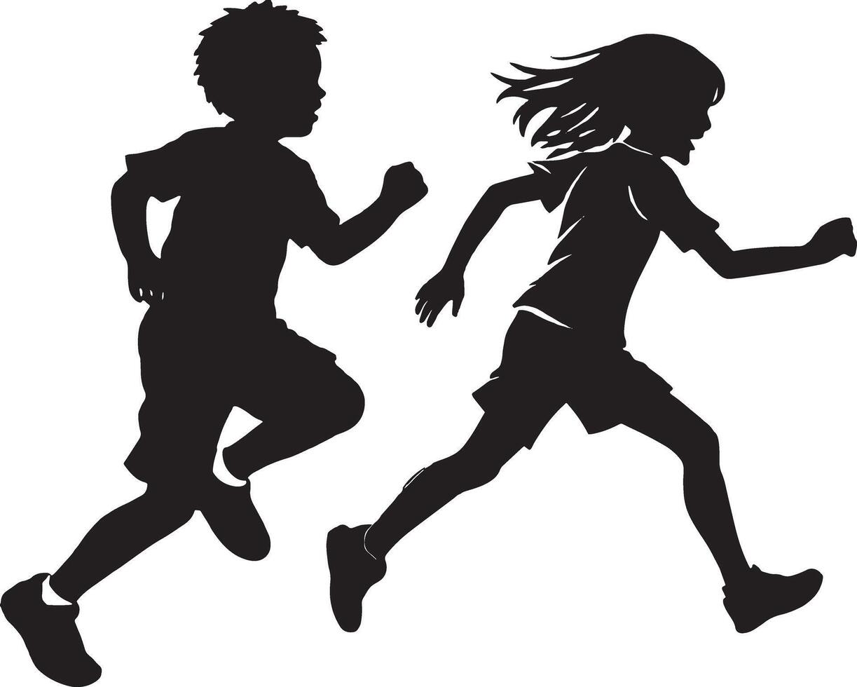 corriendo niños, negro siluetas en un blanco antecedentes. vector