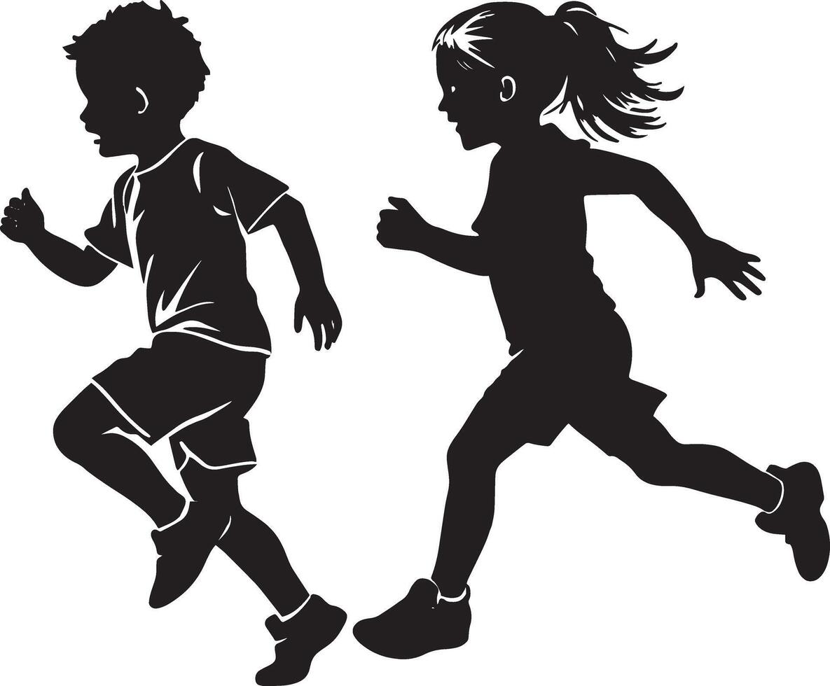 Running children, black silhouettes on a white background. illustration vector