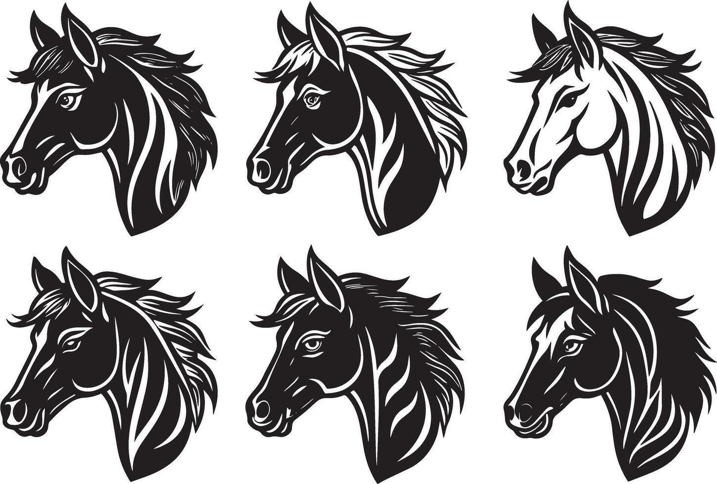 caballo cabeza conjunto - negro y blanco ilustraciones. aislado en blanco antecedentes. vector