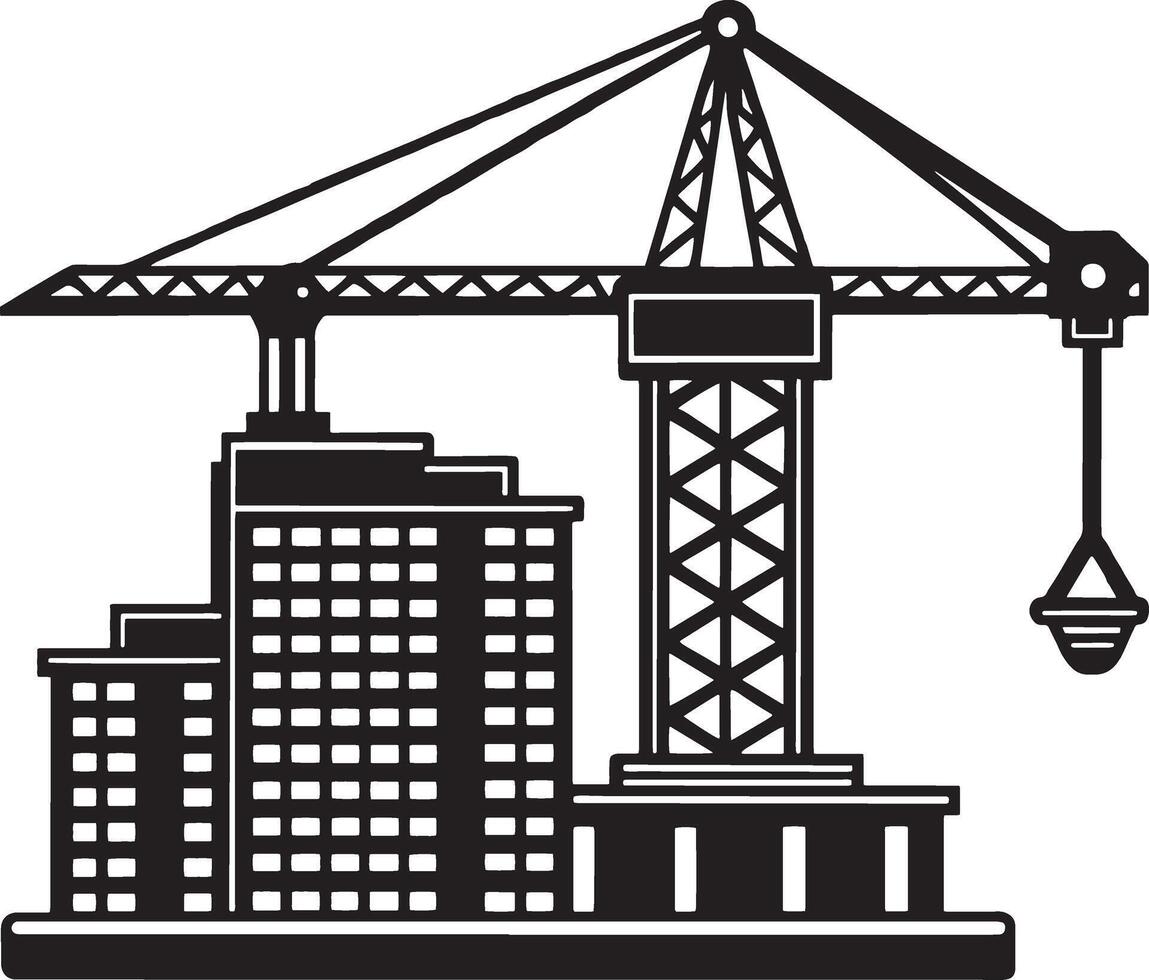 construcción grua y edificios icono ilustración gráfico diseño en negro y blanco vector