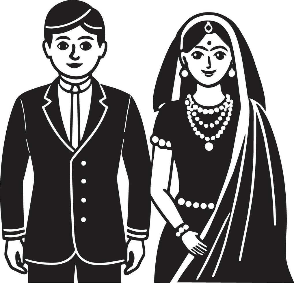 Indian bride and groom in traditional wedding clothes. Black and white illustration. vector