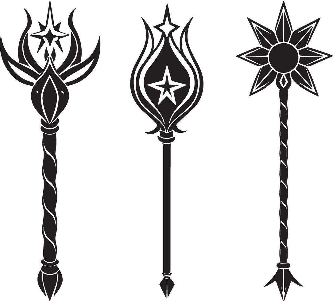 Set of Magic Wand Silhouettes. Black and white illustration isolated on white background vector