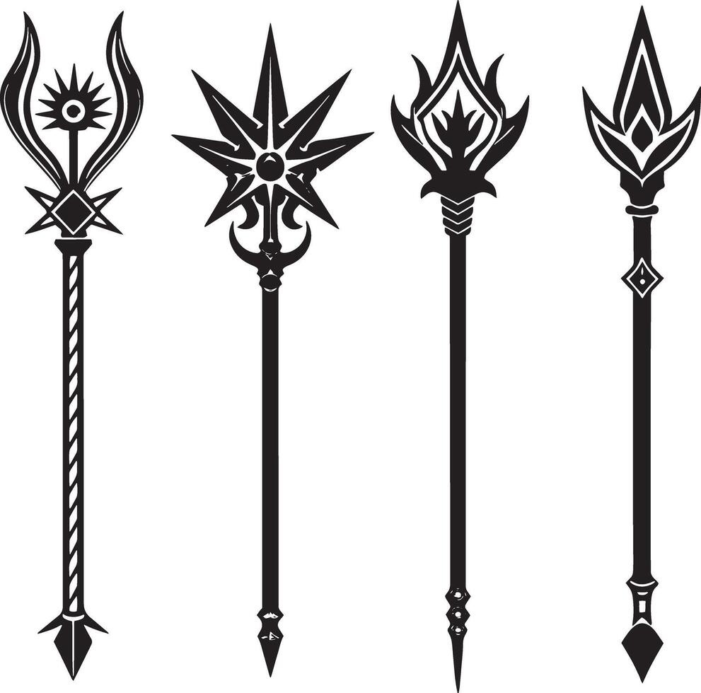 Set of Magic Wand Silhouettes. Black and white illustration isolated on white background vector