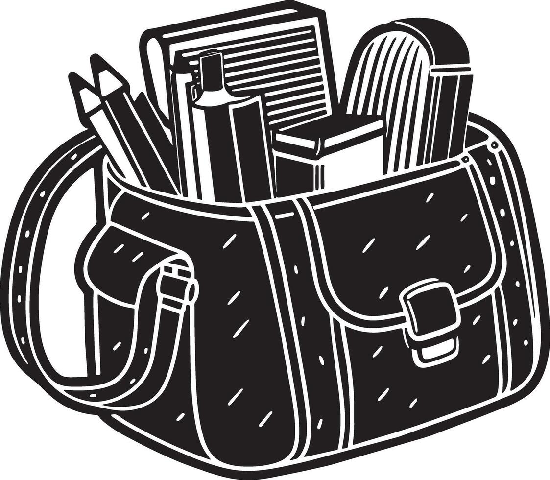 School bag with books and pencils. Black and white illustration. vector