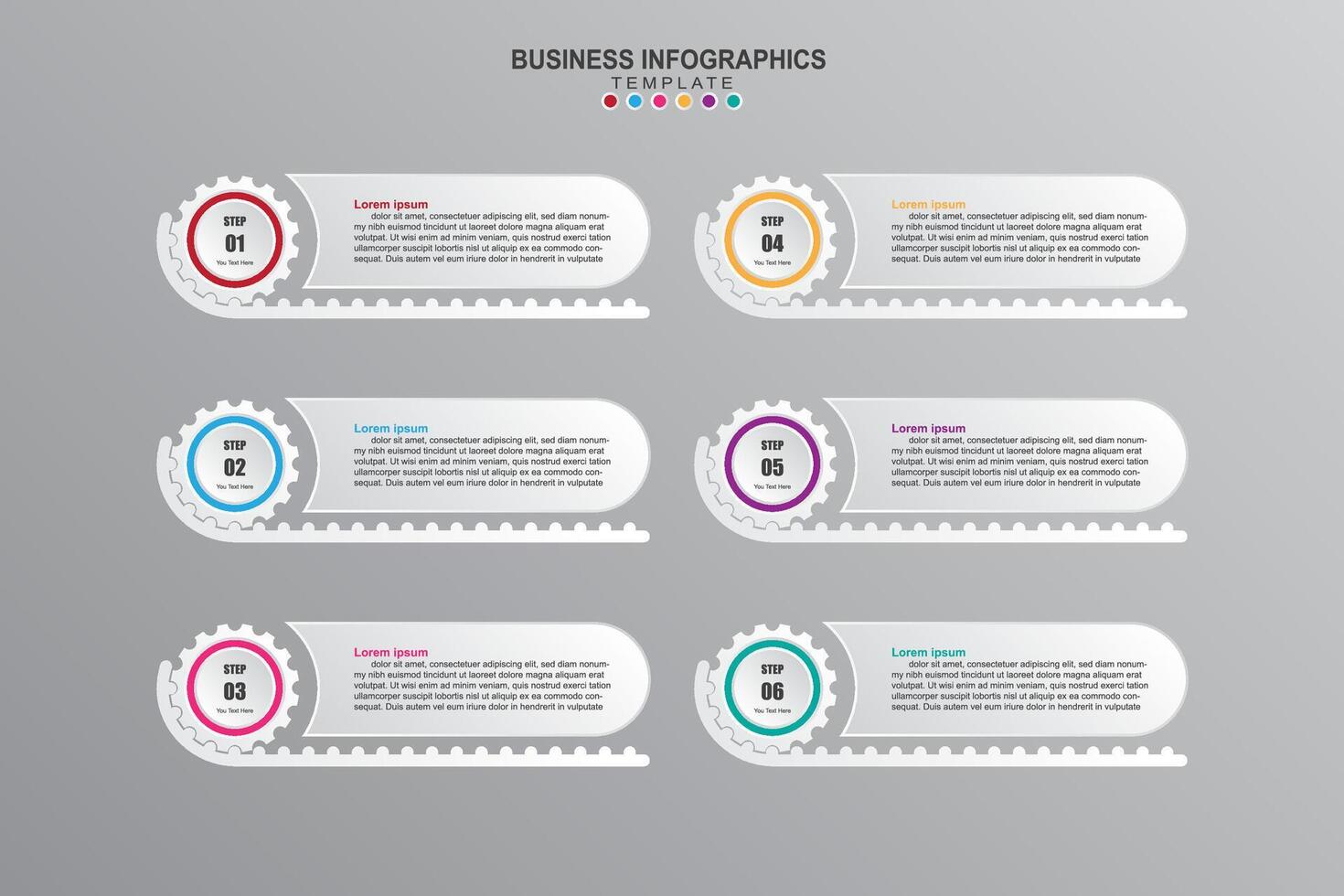 creativo infografía diseño plantilla, 6 6 concepto engranaje texto cajas con pictogramas vector