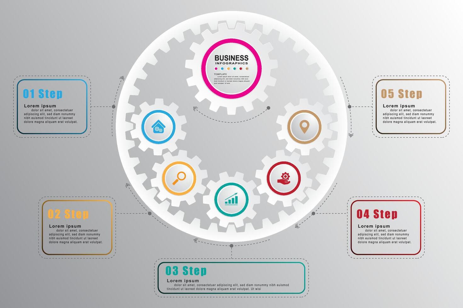 Creative infographic design template, 5 Concept gear text boxes with pictograms. vector