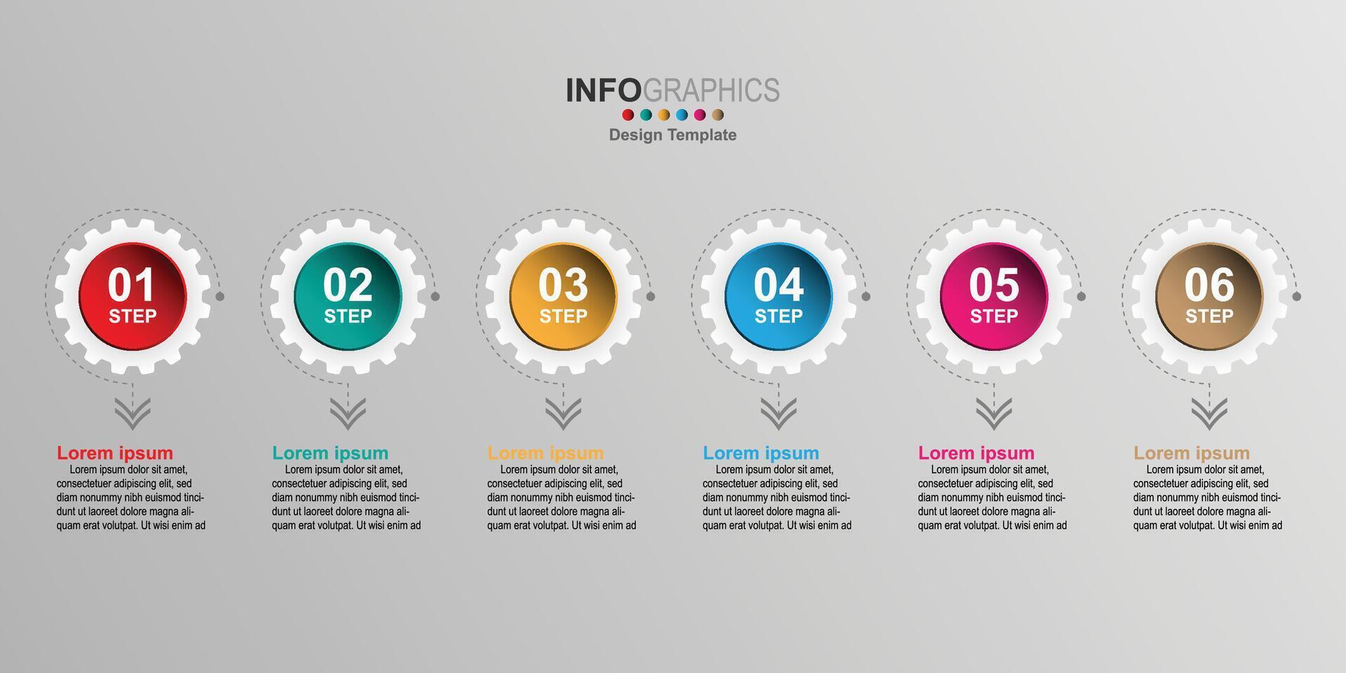 creativo infografía diseño plantilla, 6 6 concepto engranaje texto cajas con pictogramas. vector