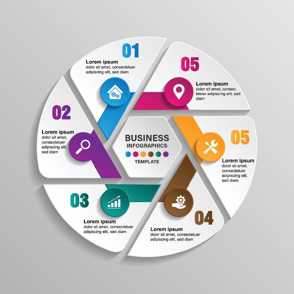 Circle chart infographic template with 6 options for presentations. vector