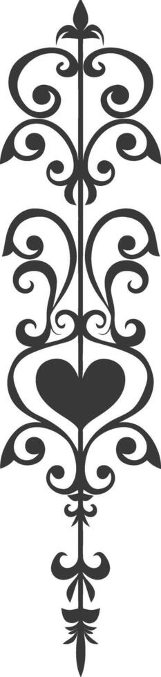 Silhouette vertical line divider with Hearth shape Baroque ornament black color only vector