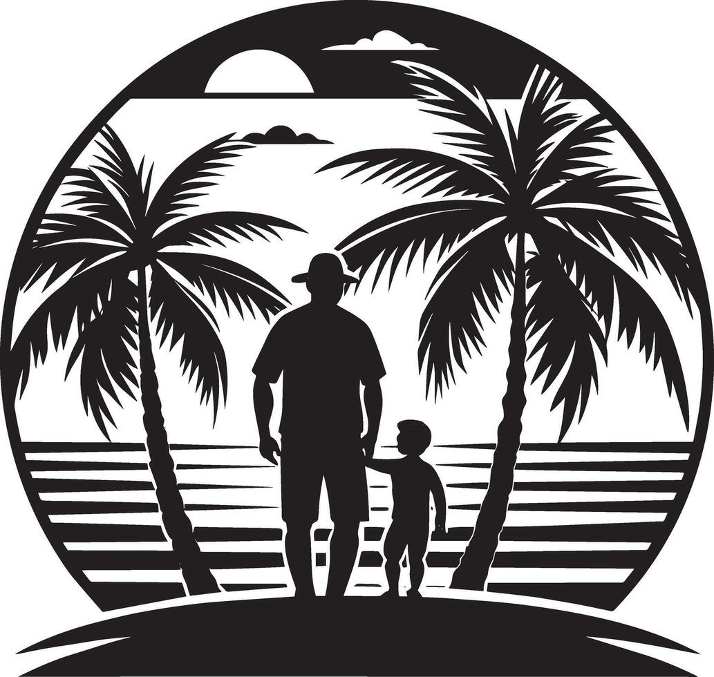 Silhouette of father and son on the beach. illustration vector