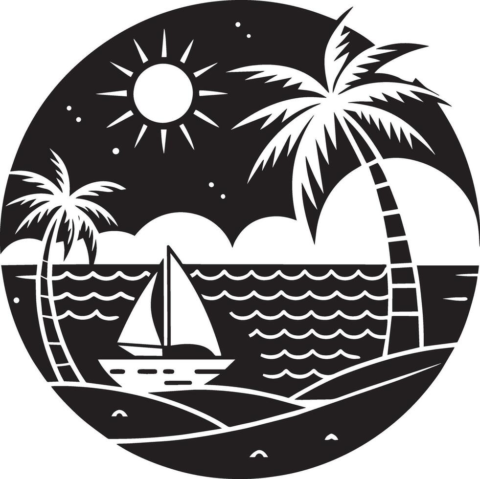 Tropical beach with palm trees and sailboat, black and white illustration vector