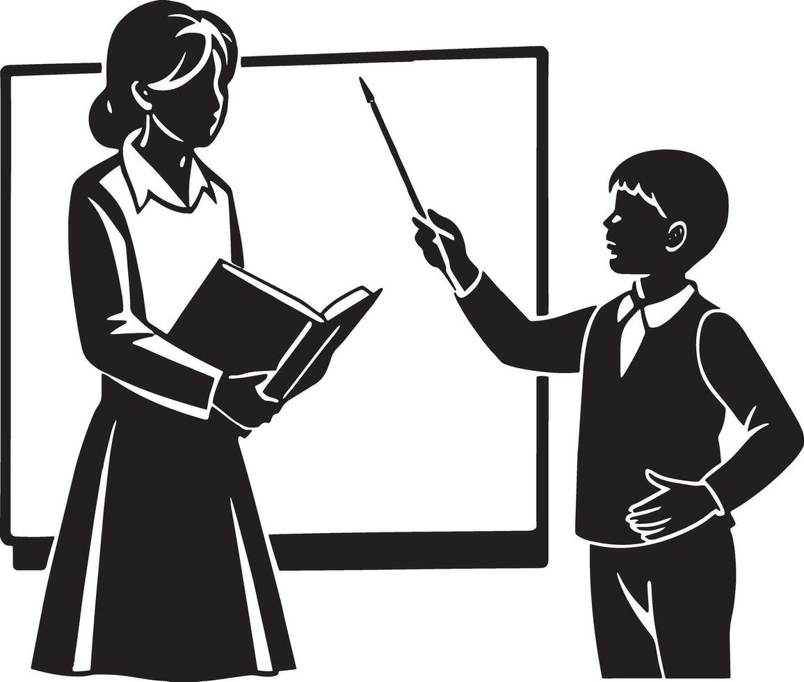 Black and white illustration of a teacher explaining a lesson to a student vector
