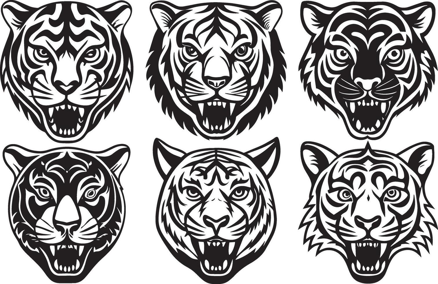 Tiger Head Set - Black and White Illustration. Isolated on White Background. vector