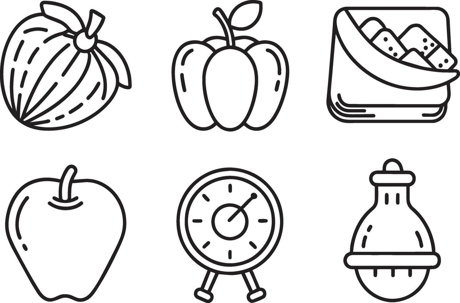 Set of black outline icons of vegetables. illustration of food. vector