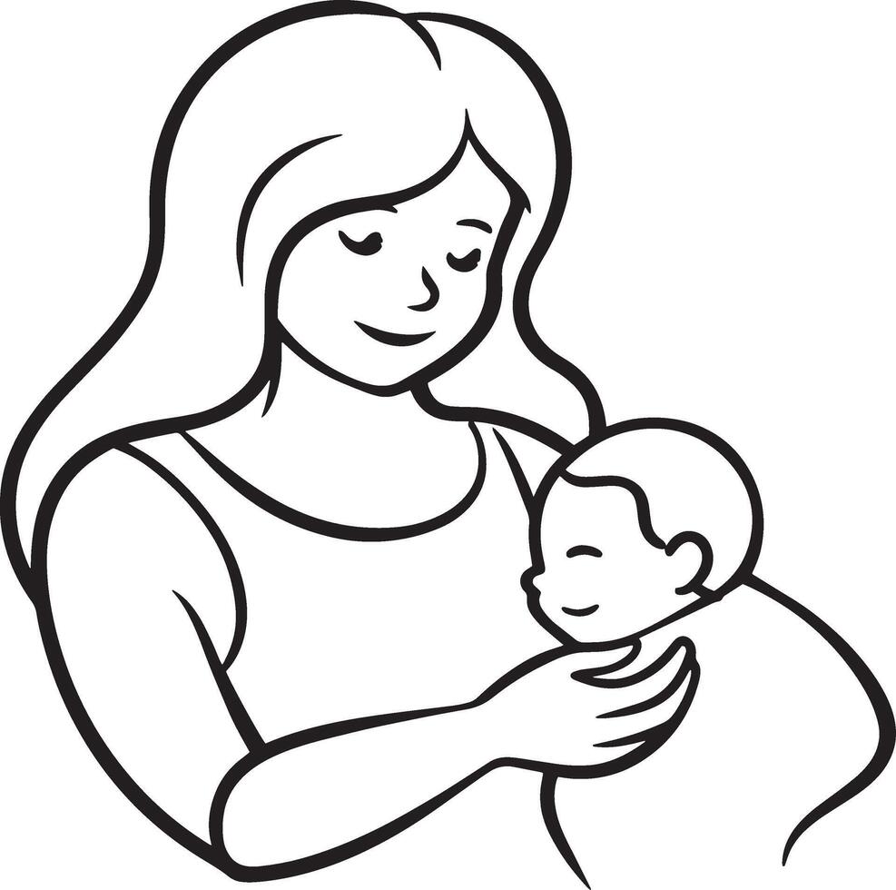 Mother Holding Baby - Black and White Cartoon Illustration, Isolated On White Background vector
