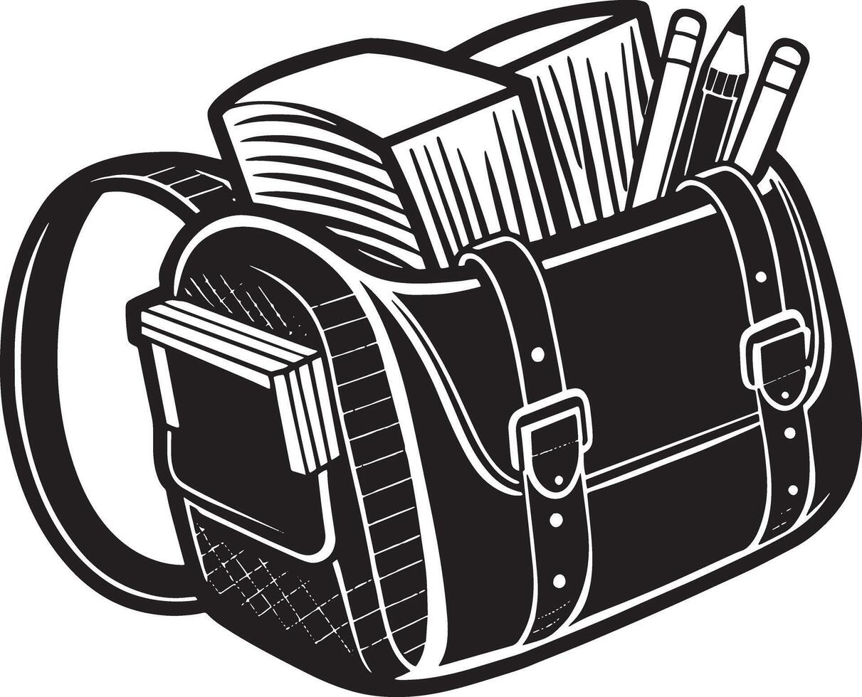 School bag with books and pencils. Black and white illustration. vector