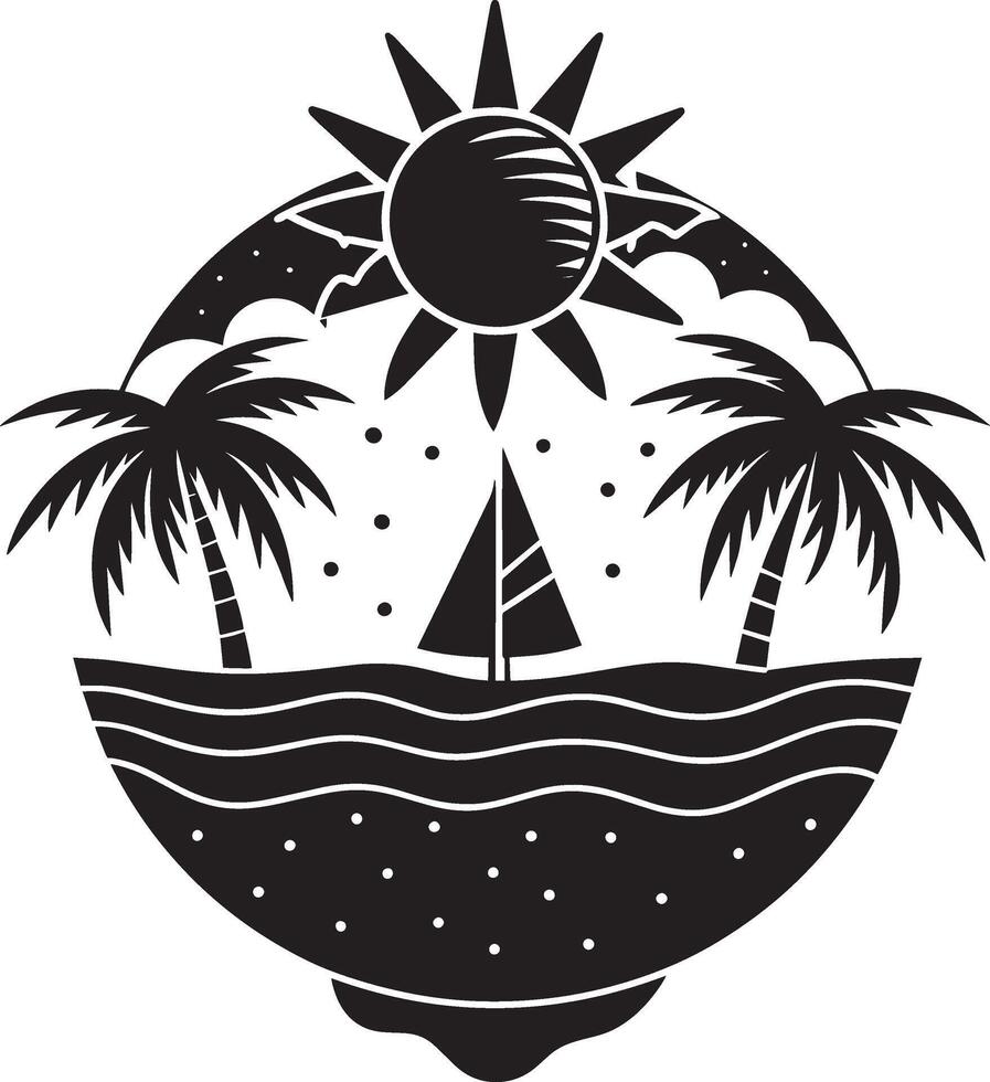 Tropical island with palm trees and sailboat. vector