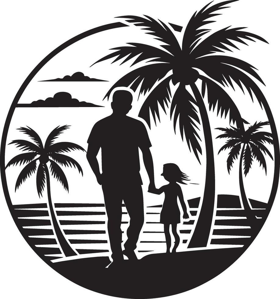 padre y hija en el playa con palma arboles ilustración. vector