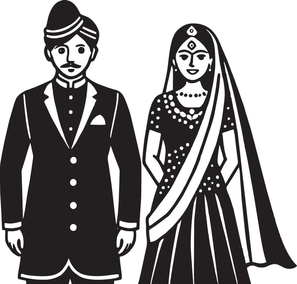 illustration of indian wedding couple in black and white style. vector