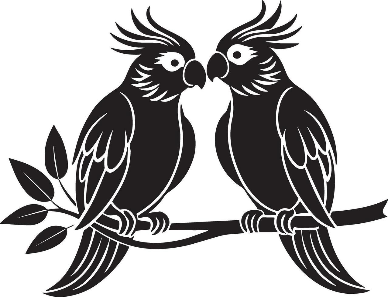 Two parrots sitting on a branch, black and white illustration vector