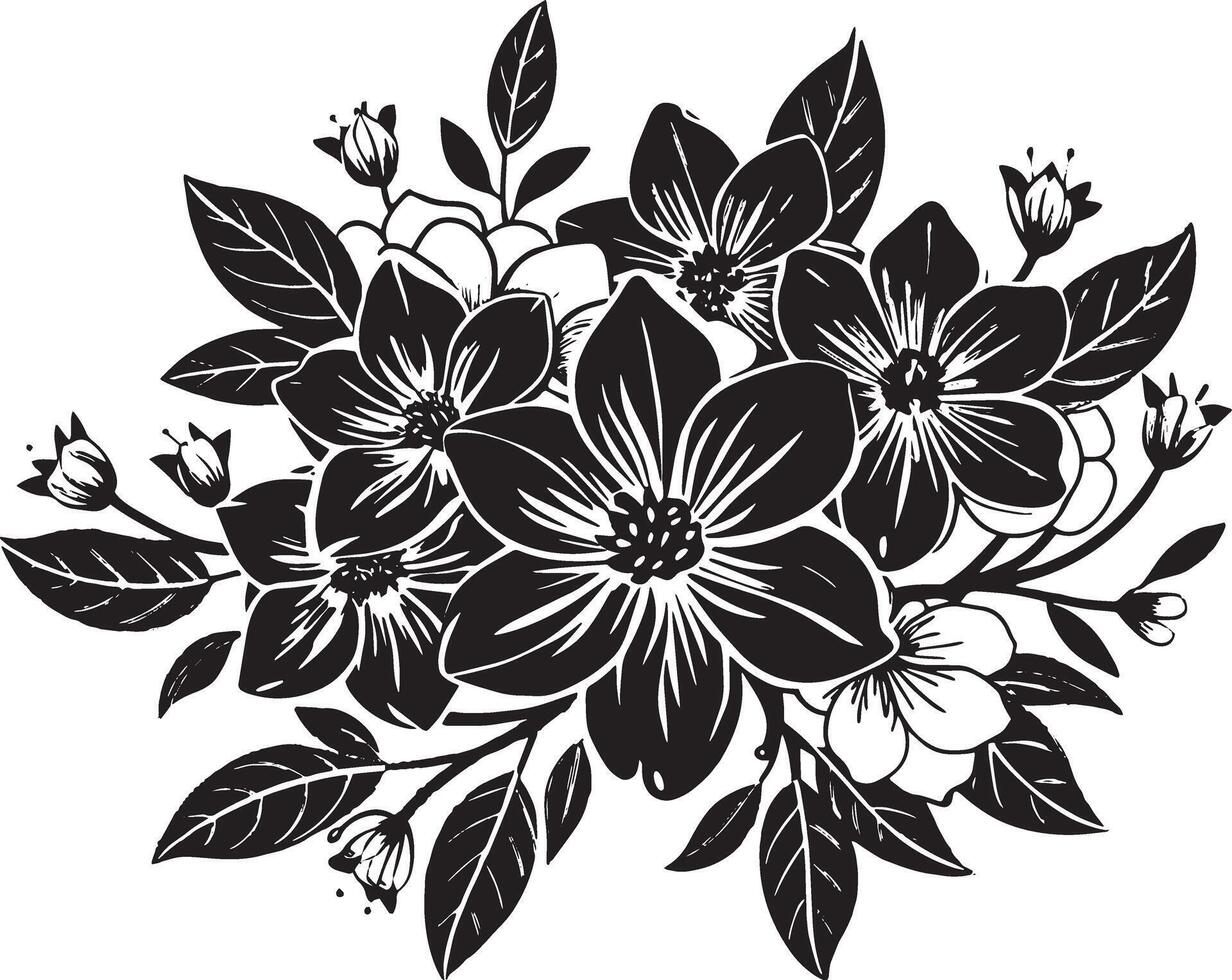 Black and white illustration of a bouquet of flowers with leaves. vector