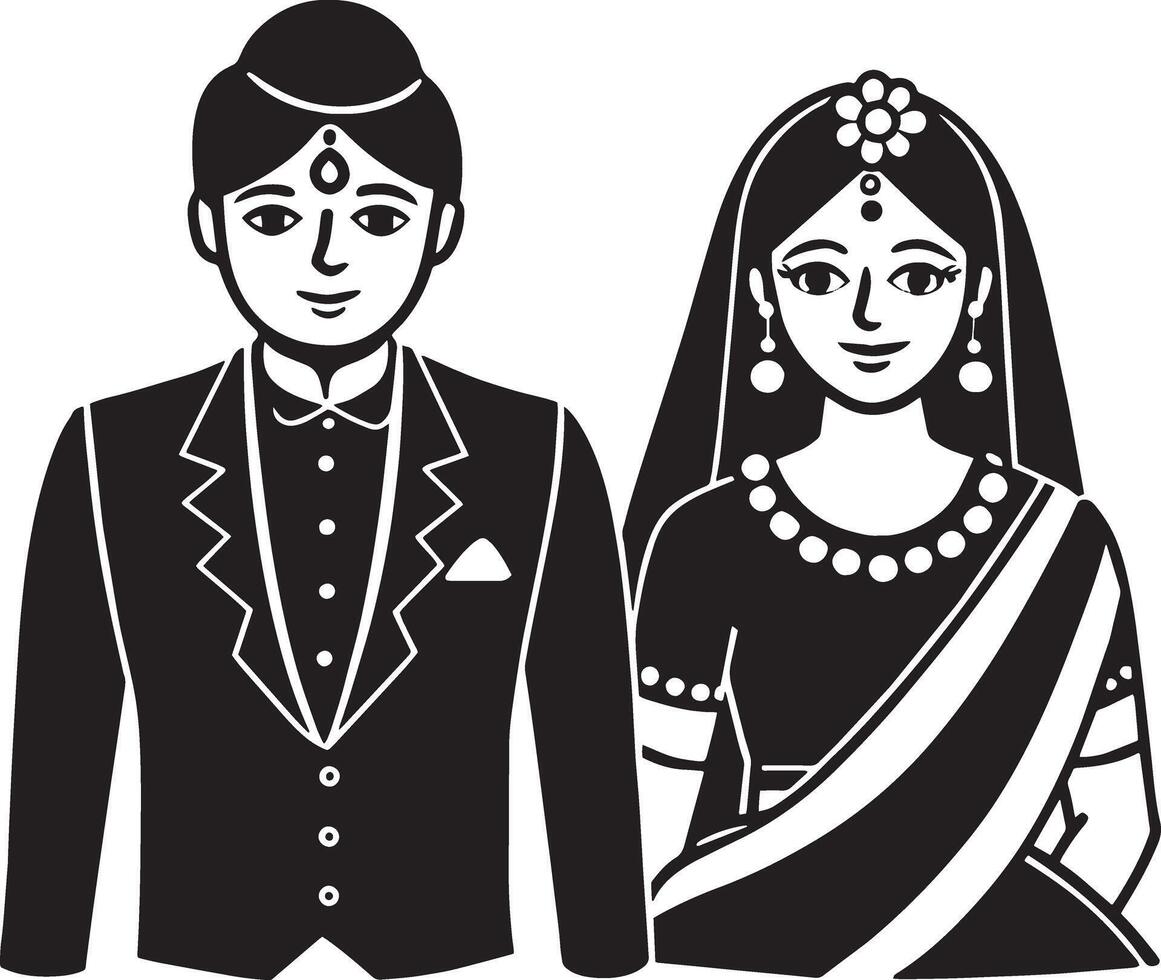 Indian couple in traditional indian clothes. Black and white illustration. vector