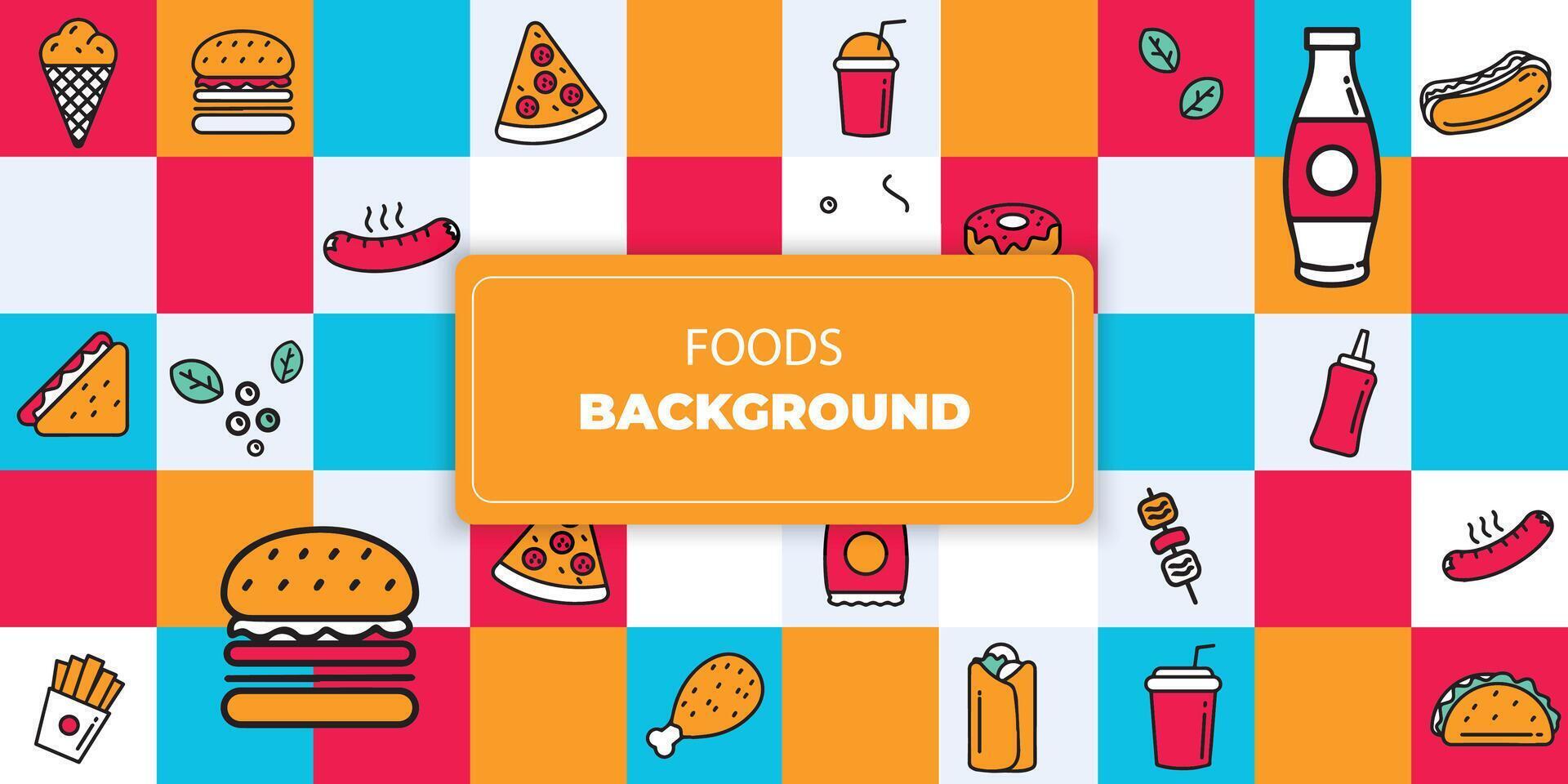 Abstract geometric fast food background. burger and pizza, cold drinks, kitchen plants, noodles and salad, geometry farm eating, healthy lifestyle. vector