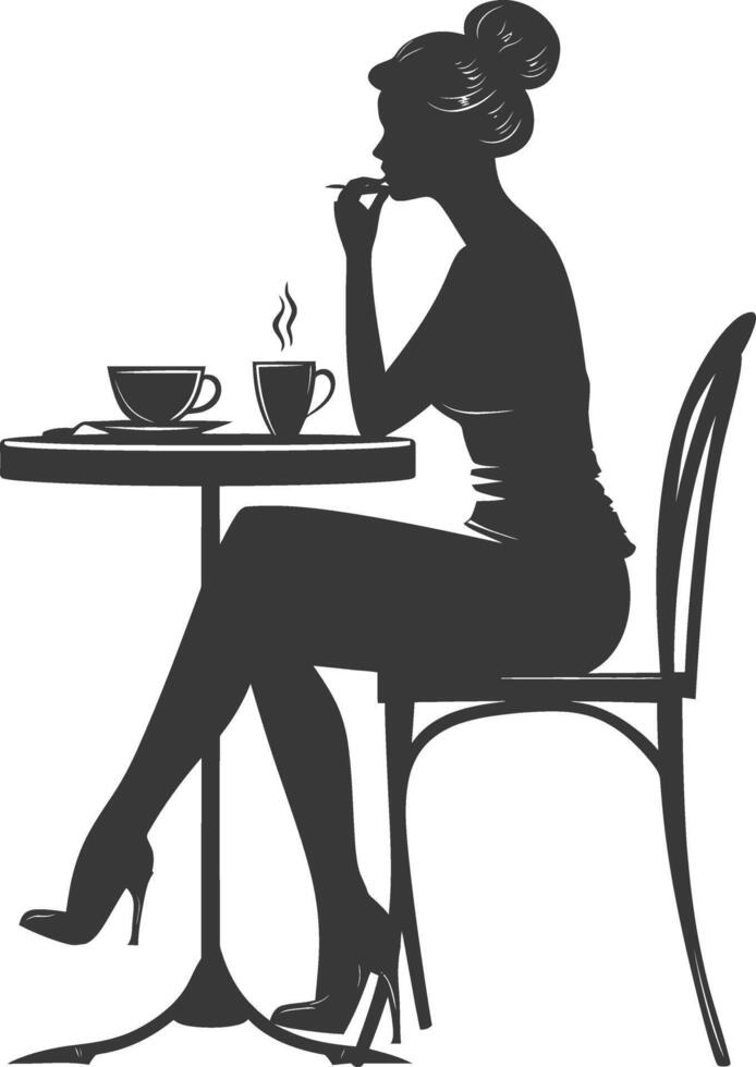 silueta mujer sentado a un mesa en el café bar restaurante negro color solamente vector