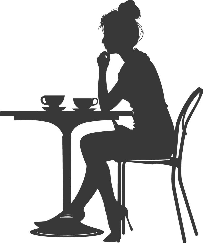 silueta mujer sentado a un mesa en el café bar restaurante negro color solamente vector