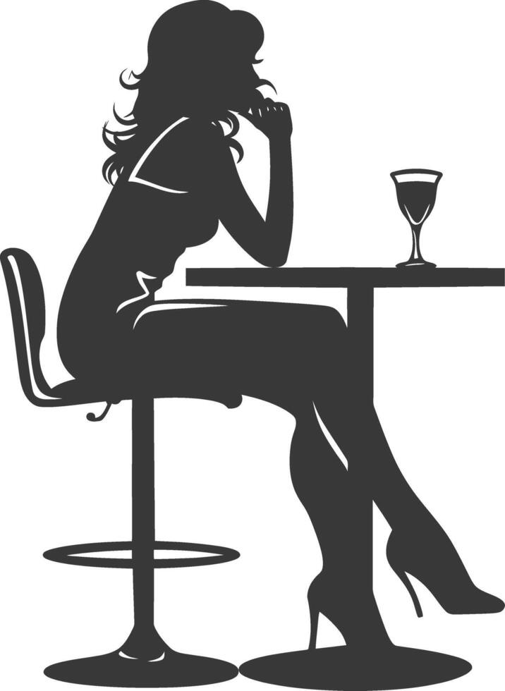 silueta mujer sentado a un mesa en el café bar restaurante negro color solamente vector