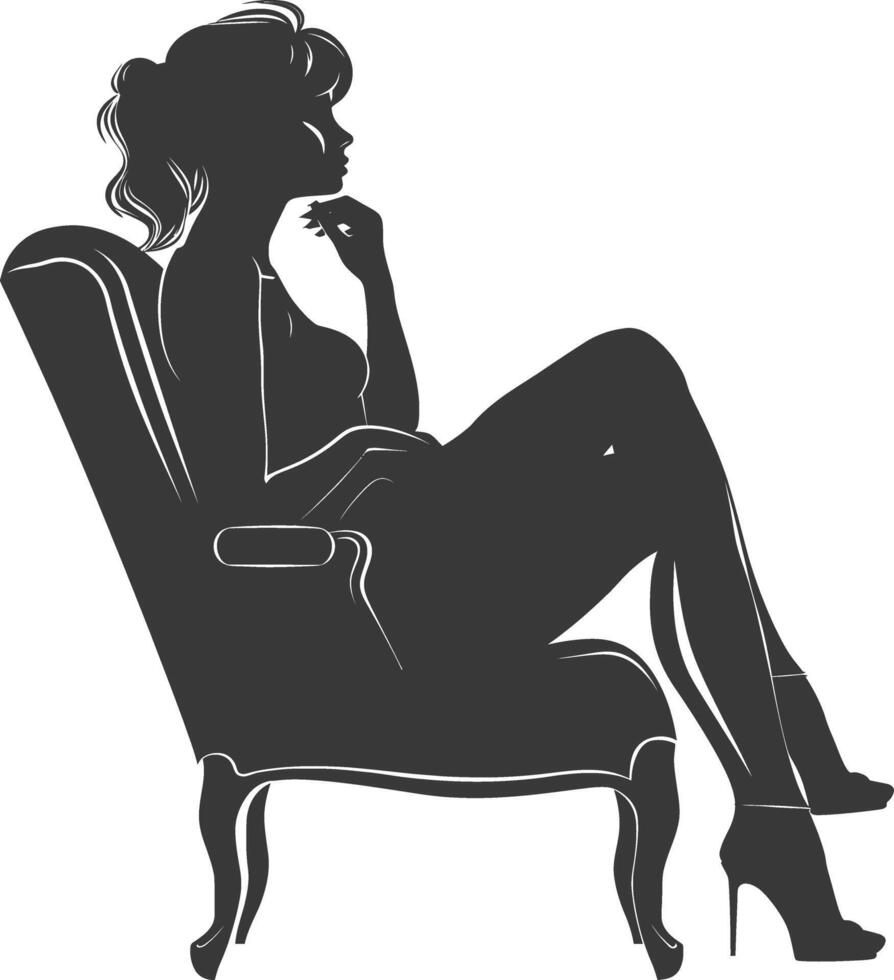 silueta mujer sentado en el silla negro color solamente vector