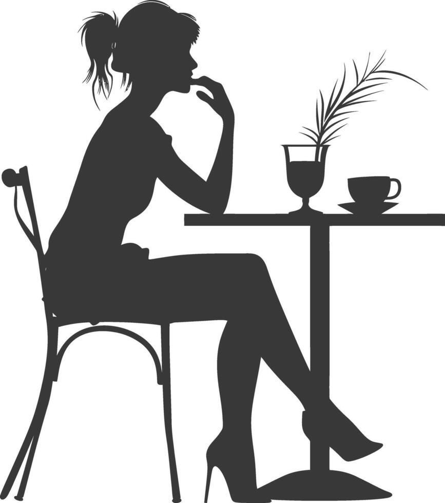 Silhouette woman sitting at a table in the cafe bar restaurant black color only vector