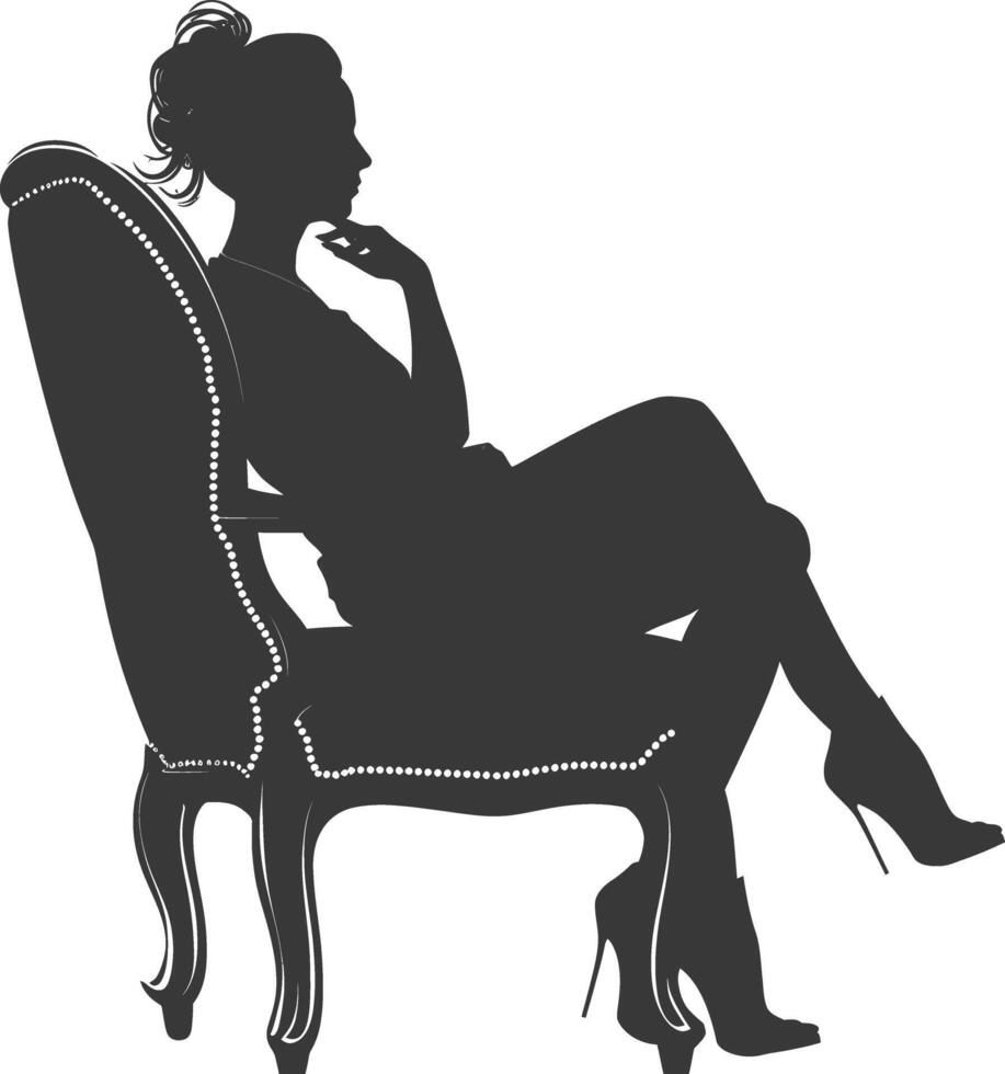 silueta mujer sentado en el silla negro color solamente vector