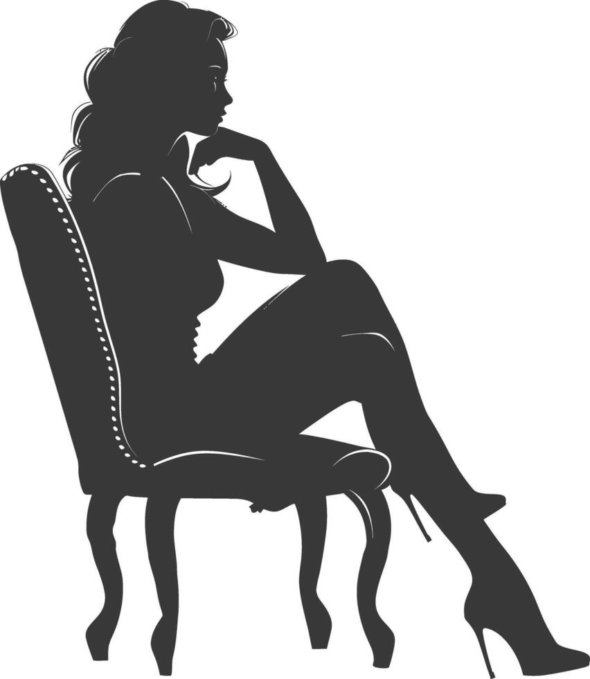 silueta mujer sentado en el silla negro color solamente vector